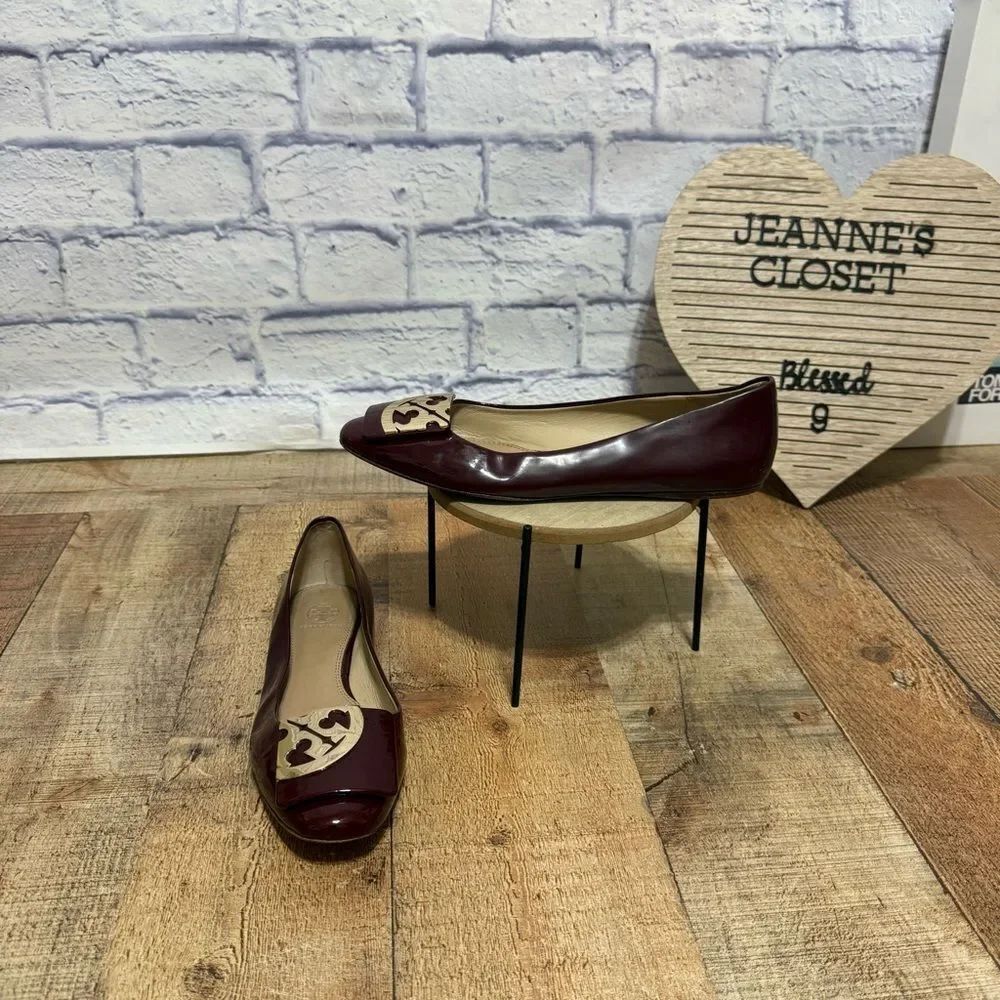 Tory Burch Size 8.5 Square toe Logo Oxblood Soft Patent Leather Flats